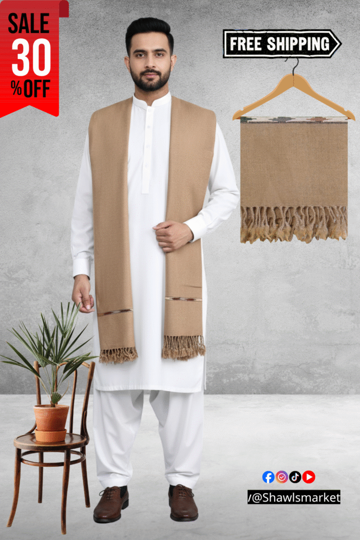D Khaki Plain 100% Acrylic Men Shawl D Khaki Plain 100% Acrylic Men Shawl - Image 1