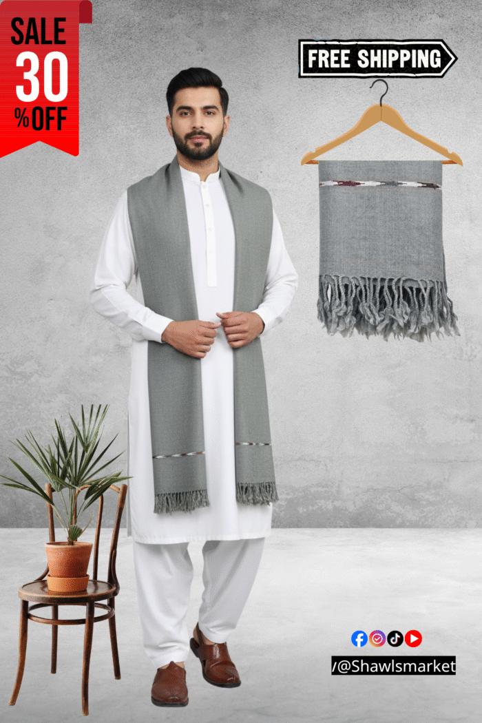 Grey Plain Wool Blend Men Shawl Grey Plain Wool Blend Men Shawl - Image 1