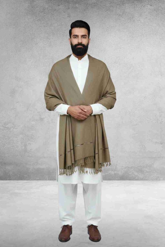 L Brown Plain 100% Wool Men Shawl - Image 3