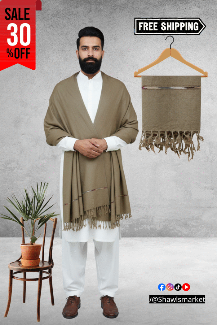 L Brown Plain 100% Wool Men Shawl L Brown Plain 100% Wool Men Shawl - Image 1