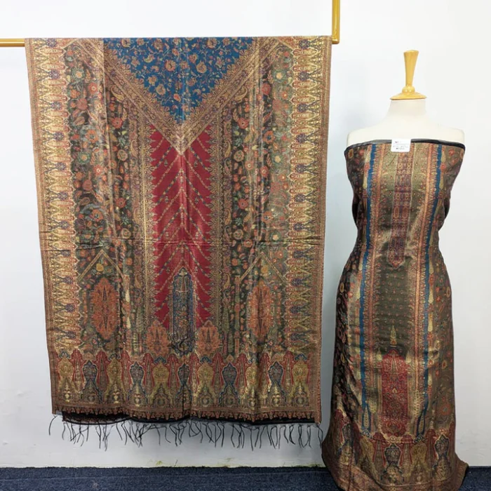 Fancy Pure Indian Kani Silk (1) Fancy Pure Indian Kani Silk with Moonlight Work 3PC Unstitched - Image 1